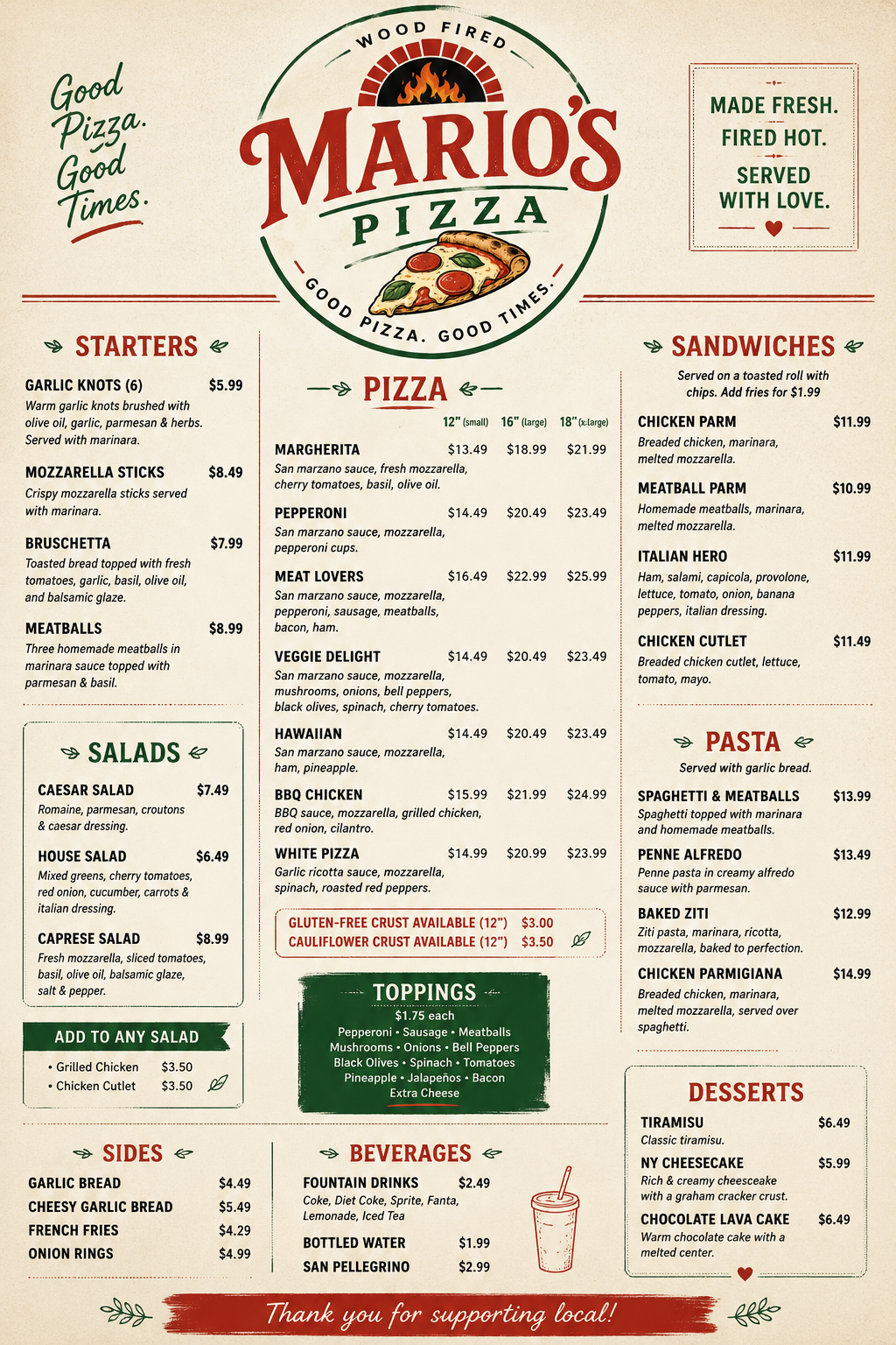 Mario's Pizza full menu